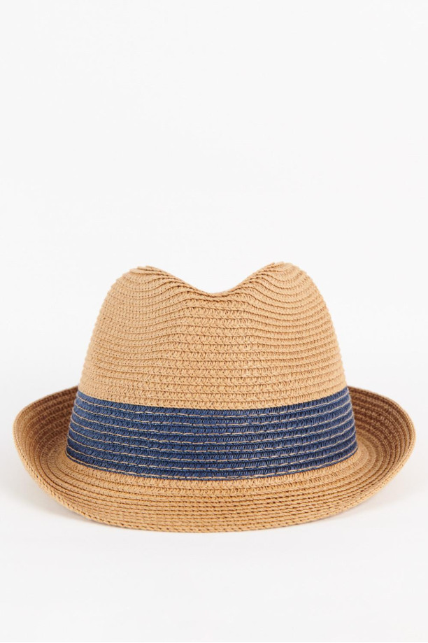Sombrero de paja café claro con cinta azul decorativa