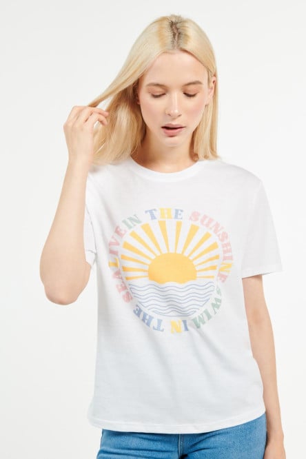 Camiseta manga corta crema clara con diseño de sol estampado