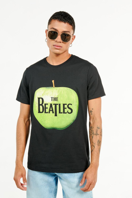 Camiseta negra con estampado de The Beatles y cuello redondo