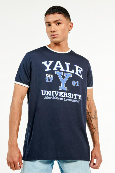 Camiseta manga corta azul oscuro con estampado de Yale University.