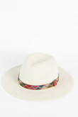 Sombrero de paja tipo fedora crema claro con lazo colorido