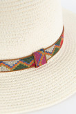 Sombrero de paja tipo fedora crema claro con lazo colorido