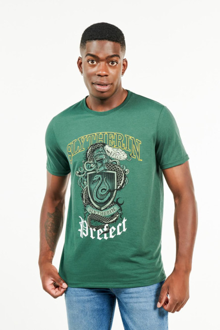 Camiseta manga corta verde oscuro con estampado de Harry Potter.