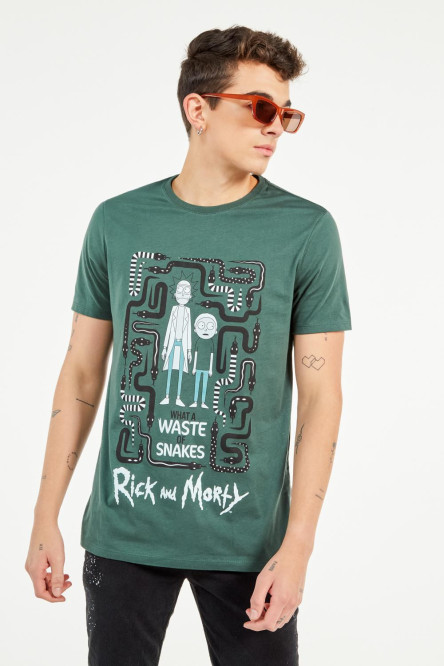 Camiseta manga corta verde oscuro con estampado de Rick & Morty.