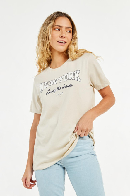 Camiseta kaky clara manga corta con estampado de New York