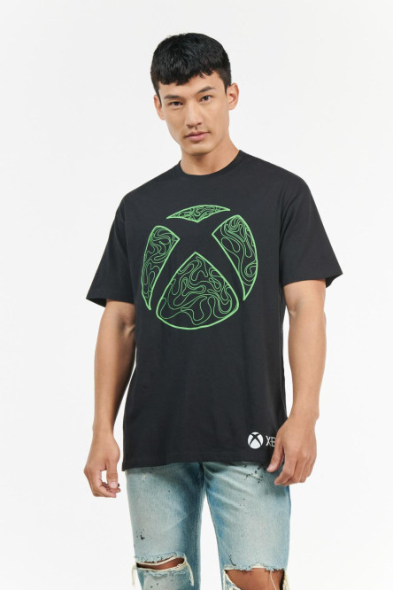 Camiseta cuello redondo negra con estampado verde de Xbox