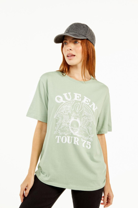 Camiseta manga corta verde medio con estampado blanco de Queen