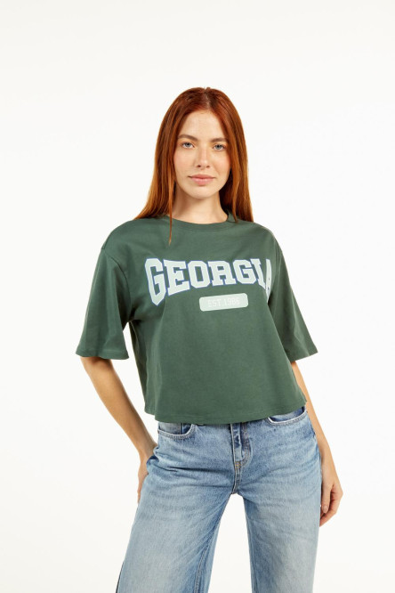 Camiseta verde oscura crop top con estampado blanco de Georgia