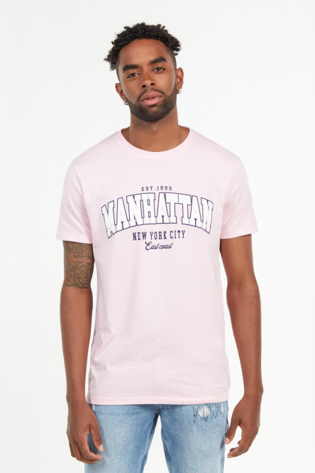 Camiseta rosada clara con estampado de Manhattan y manga corta