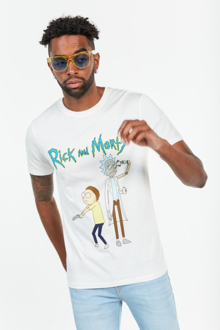 Camiseta crema clara cuello redondo con diseño de Rick & Morty