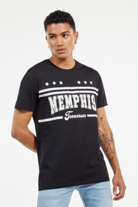 Camiseta azul intensa con diseño college blanco de Memphis y cuello redondo