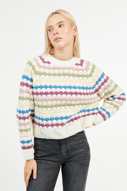 Suéter cuello redondo unicolor con diseños de rayas coloridas