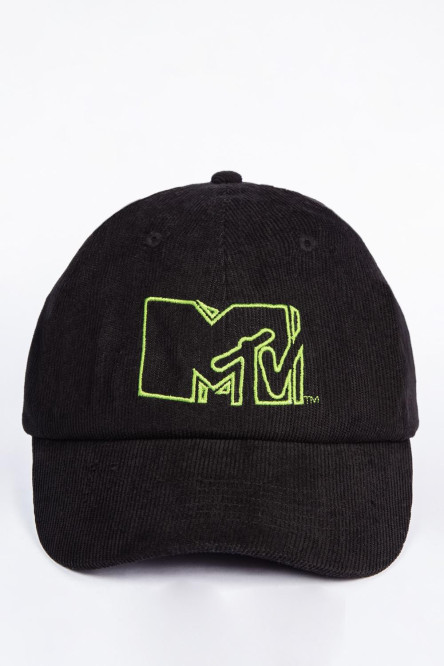 Cachucha negra tipo beisbolera con bordado verde de MTV