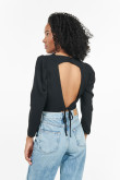 Blusa manga larga aglobada negra con escote en la espalda