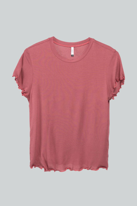 Camiseta cuello redondo unicolor con detalles en mini filete