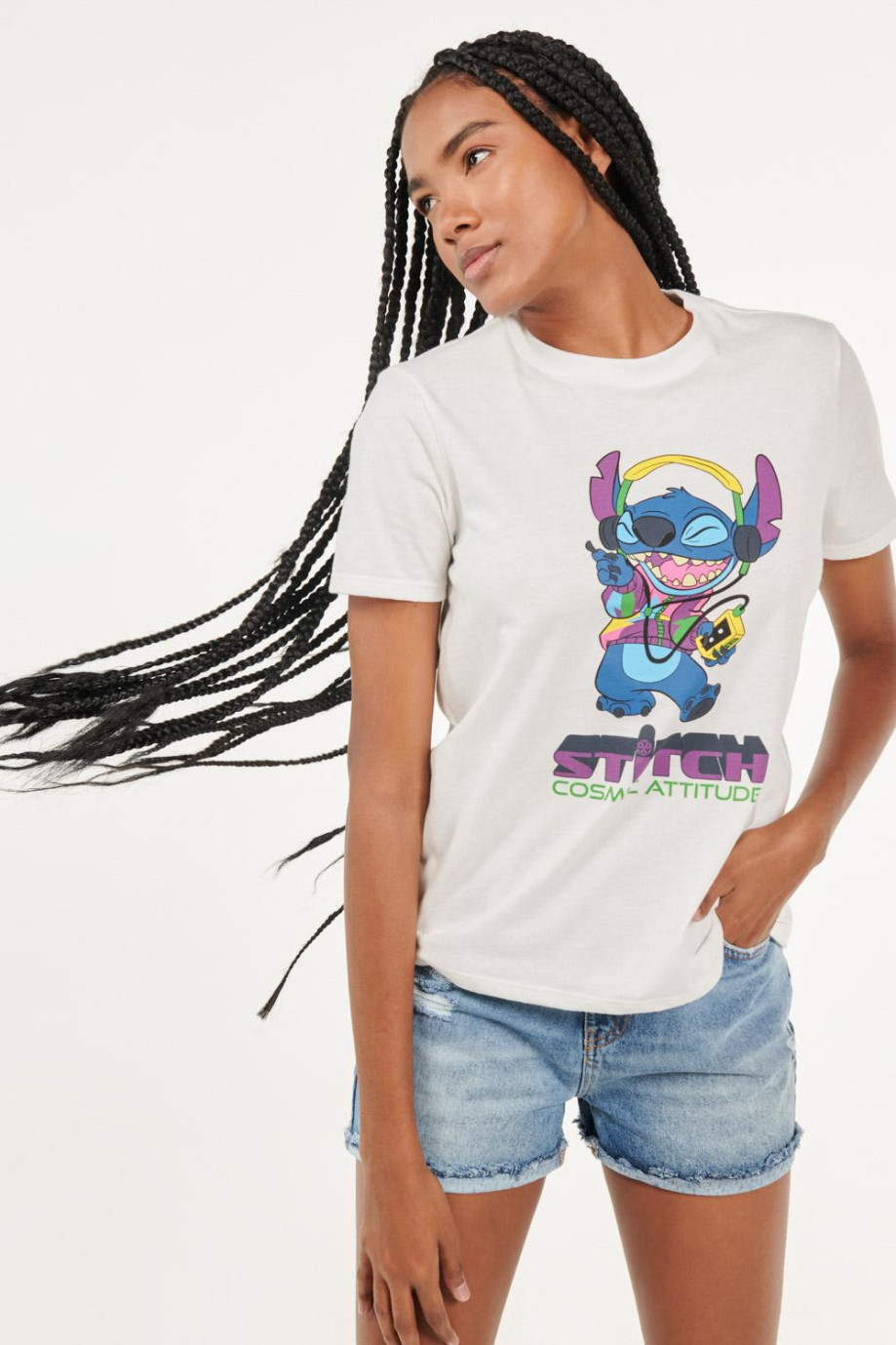 Camiseta manga corta crema clara con estampado delantero de Lilo & Stitch