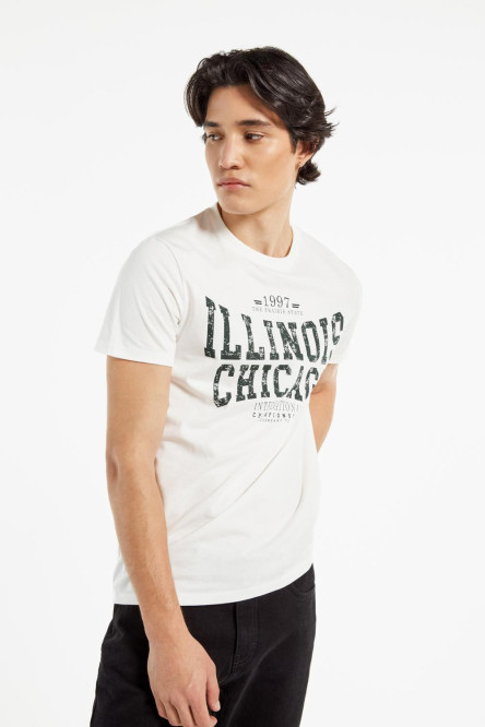 Camiseta cuello redondo crema clara con estampado negro de Illinois