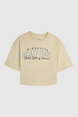Camiseta kaki crop top oversize con estampado college