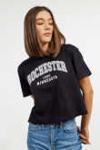 Camiseta azul intensa crop top con estampado college de Rochester