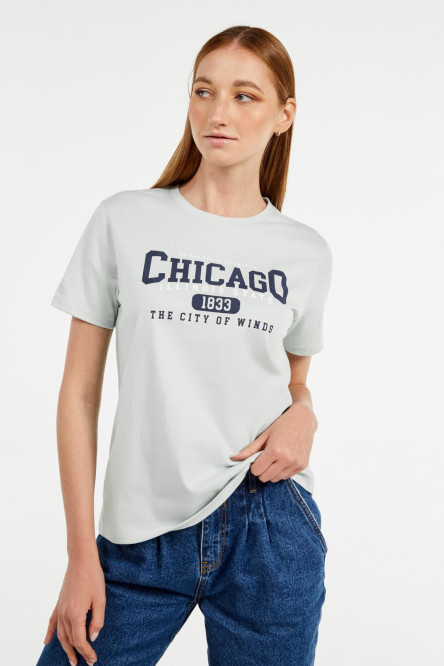 Camiseta manga corta verde con estampado college de Chicago