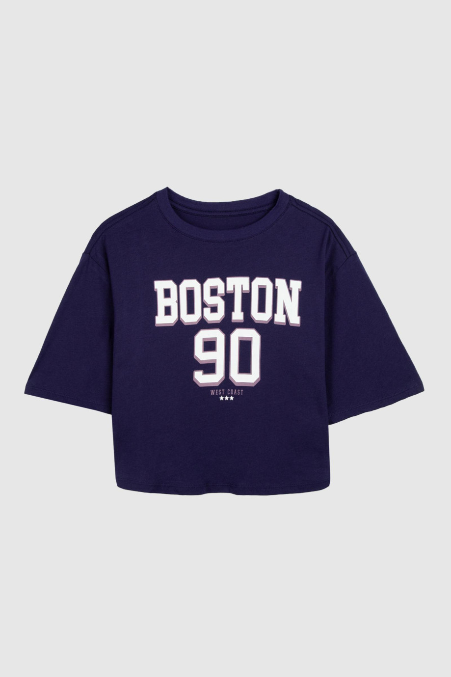 Camiseta azul intensa crop top con estampado college blanco de Boston