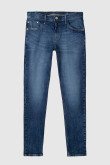Jean azul oscuro skinny con 5 bolsillos y desgastes de color