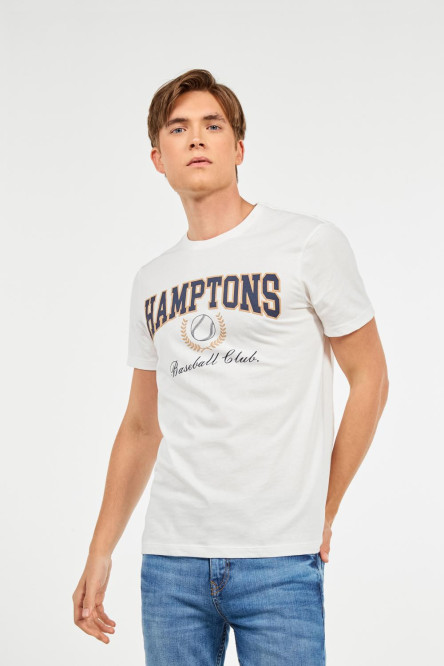 Camiseta crema con arte college de beisbol y cuello redondo
