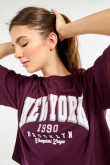 Camiseta crop top roja violeta oversize con diseño college de New York