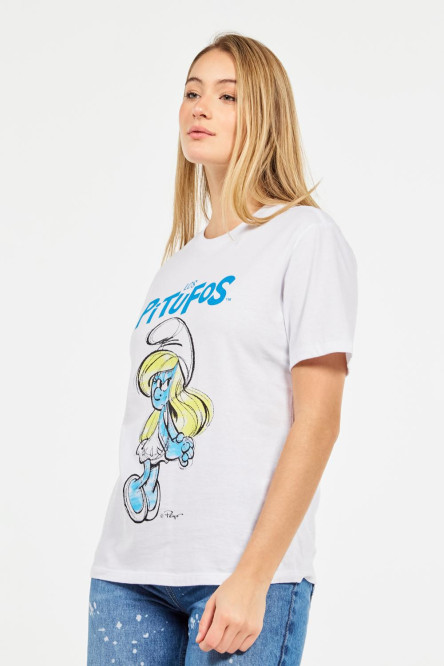 Camiseta blanca con estampado de Los Pitufos y manga corta