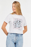 Camiseta crop top blanca con estampado de Lilo & Stitch en frente