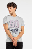 Camiseta gris clara con diseño college y manga corta