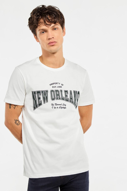 Camiseta cuello redondo crema clara con diseño college de New Orleans