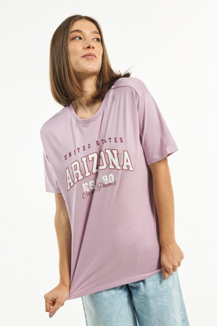 Camiseta lila oscura con cuello redondo y estampado college de Arizona