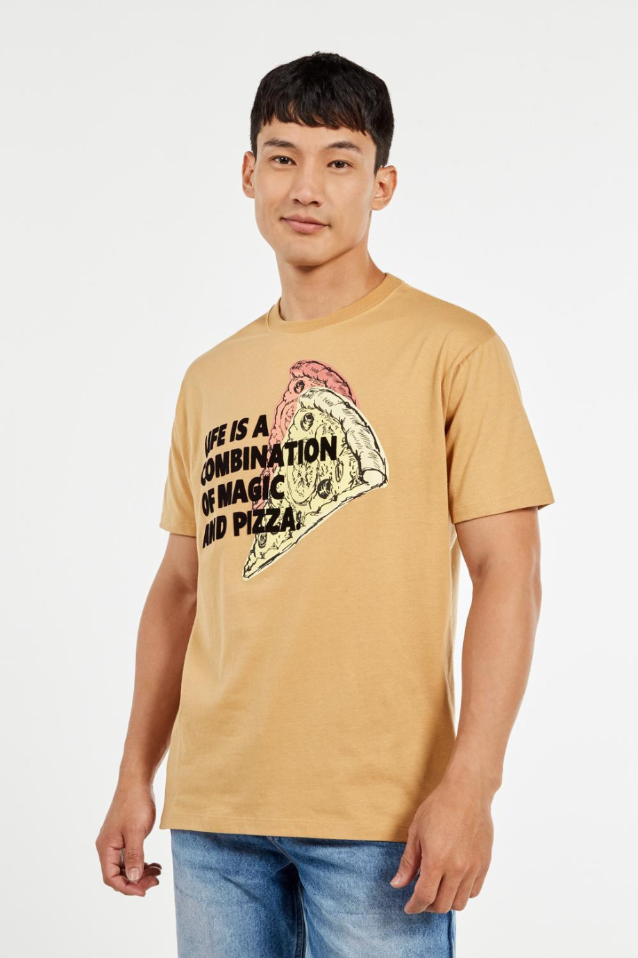 Camiseta kaki oversize con cuello redondo y diseño de pizza