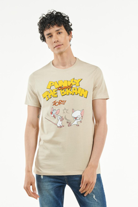 Camiseta kaky clara con estampado de Pinky & Cerebro y cuello redondo