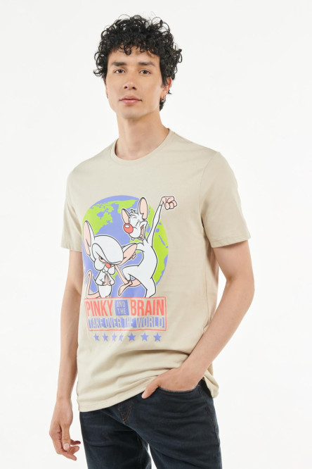 Camiseta manga corta kaky clara con diseño de Pinky y Cerebro