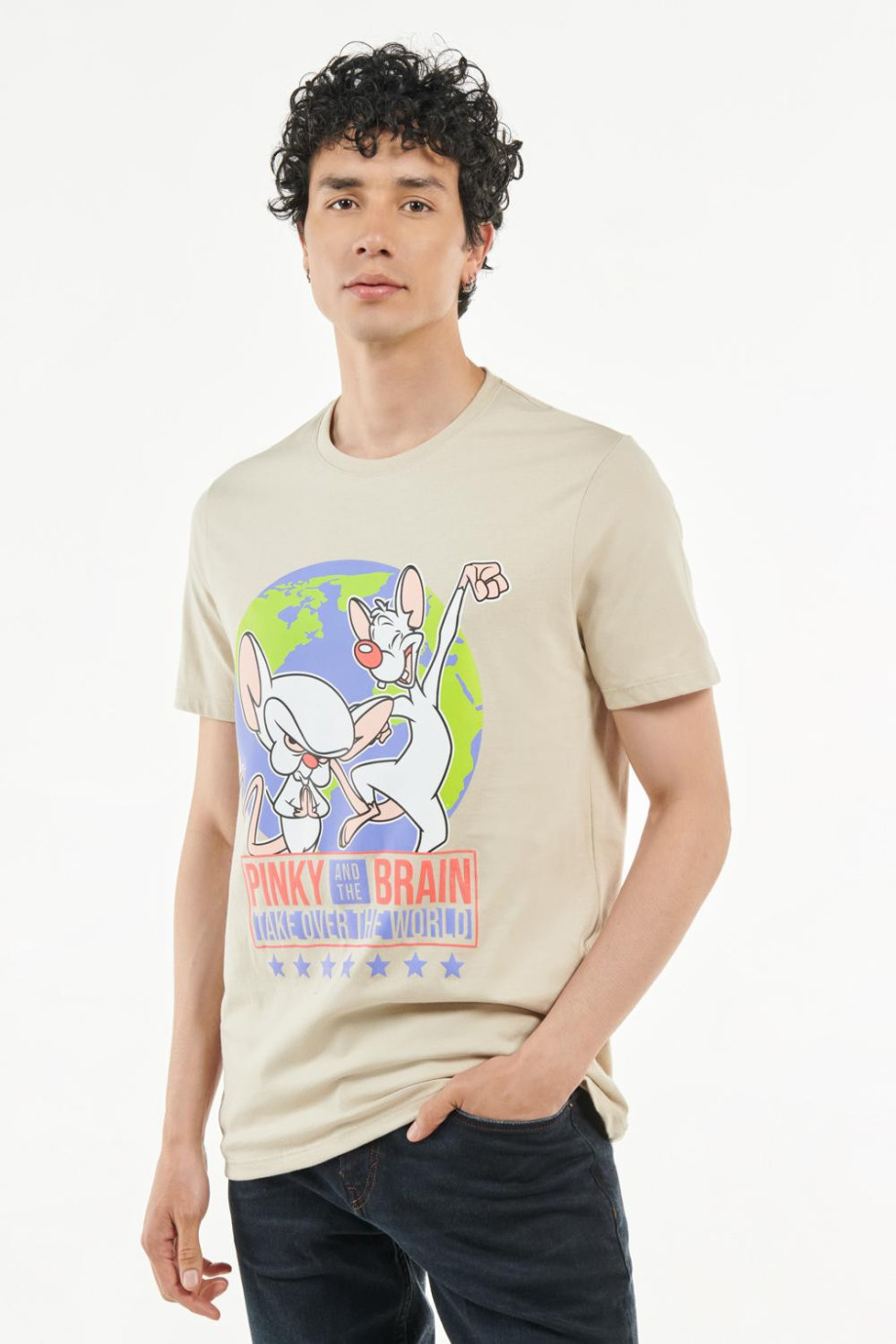 Camiseta manga corta kaky clara con diseño de Pinky y Cerebro