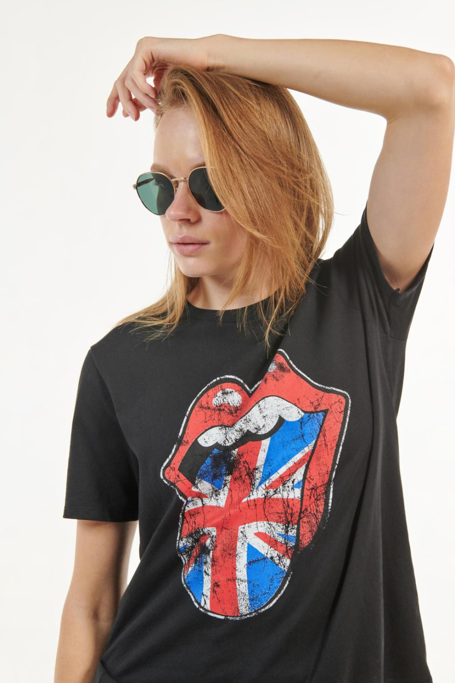 Camiseta cuello redondo negra con estampado de The Rolling Stones