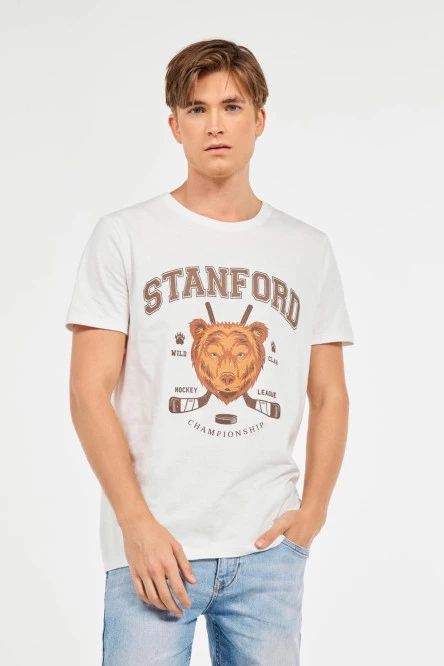 Camiseta cuello redondo crema con arte college de Stanford