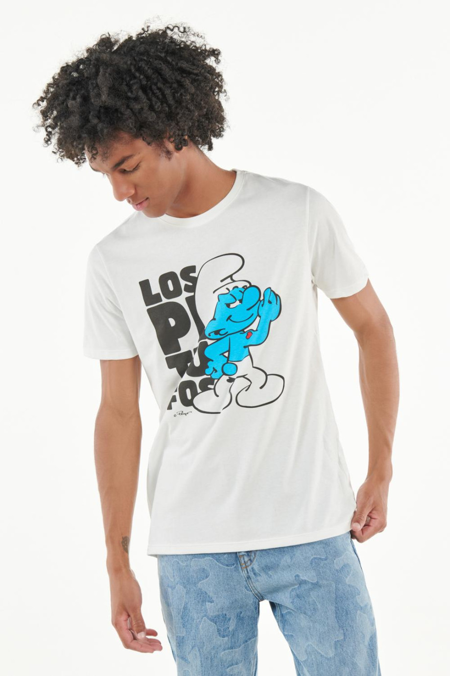 Camiseta manga corta crema con estampado de Los Pitufos