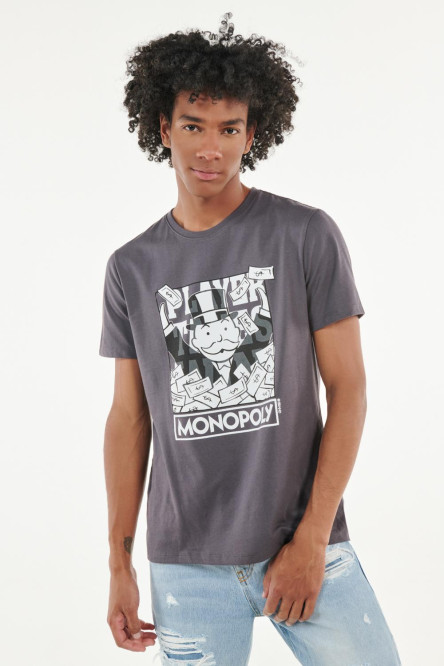 Camiseta manga corta gris intensa con diseño de Monopoly