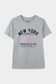 Camiseta gris clara con diseño college de New York y manga corta