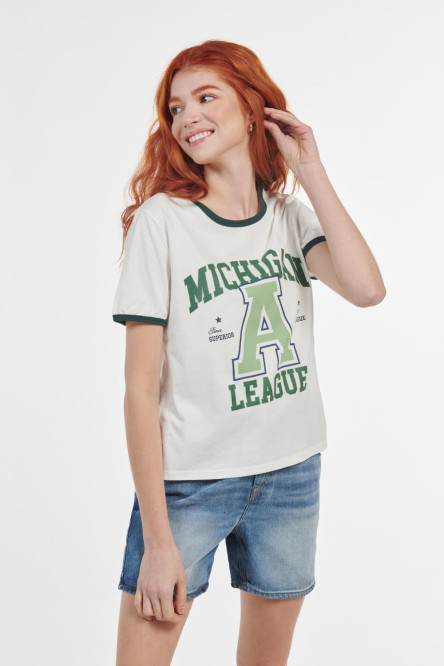 Camiseta manga corta crema con diseño college de Michigan