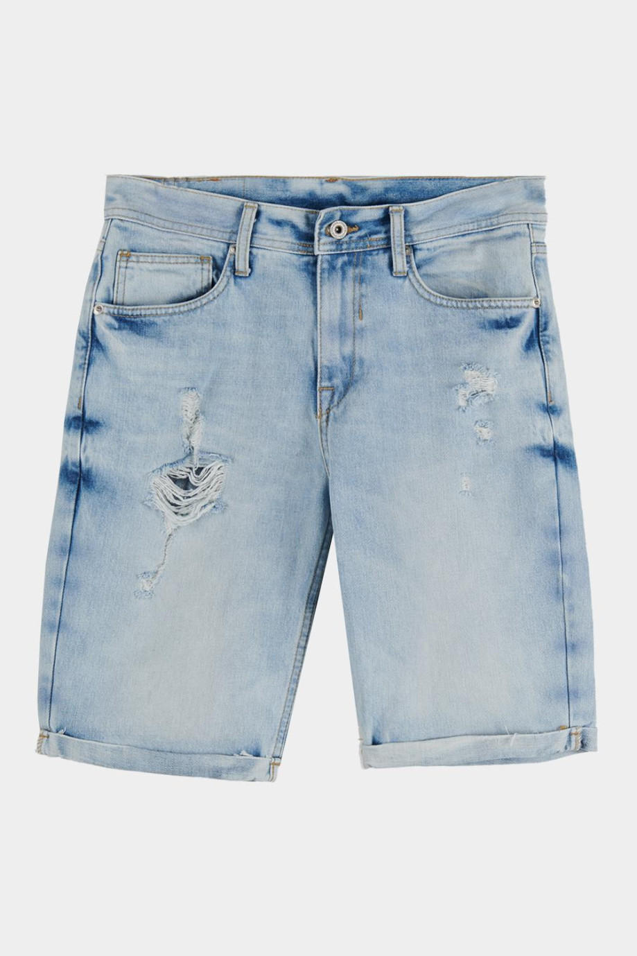 Bermuda azul clara slim en jean con doblez y rotos en frente