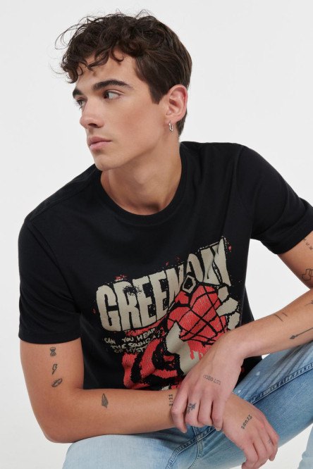 Camiseta cuello redondo negra con estampado de Green Day