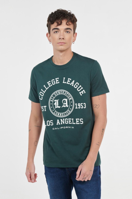 Camiseta manga corta verde oscura con diseño college de Los Ángeles