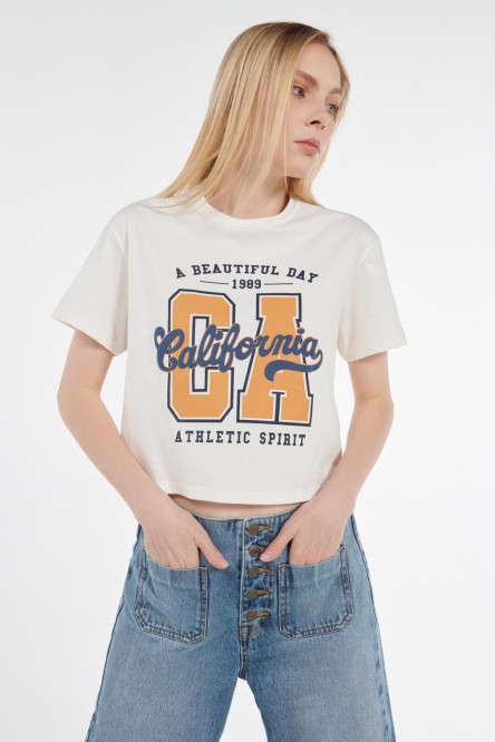 Camiseta crop top crema clara con diseño college de California