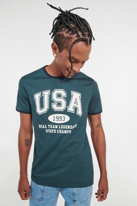 Camiseta manga corta verde con estampado college de USA