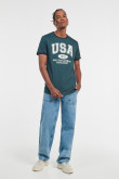 Camiseta manga corta verde oscura con estampado college blanco de USA