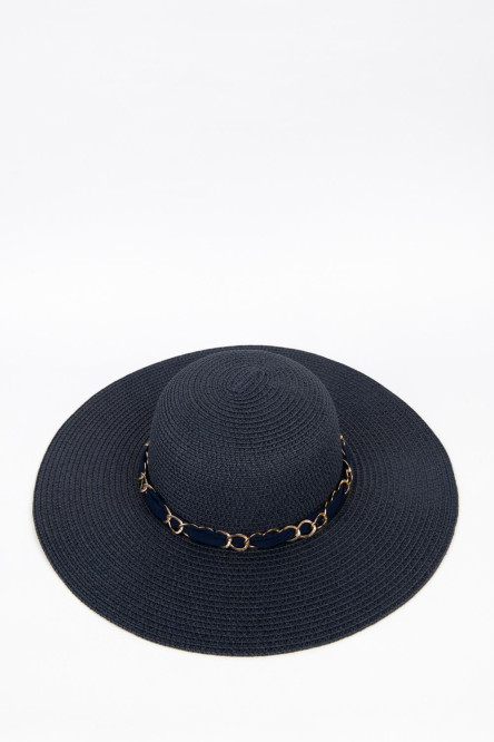 Sombrero de paja azul intenso con lazo y cadena decorativas